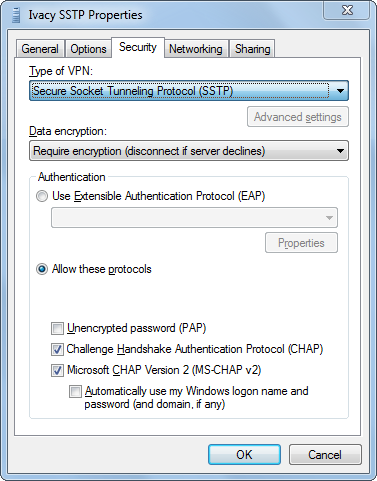 Windows 7 VPN Protocols Selection