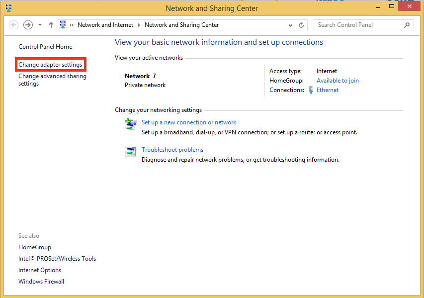 Network and Sharing Center on Windows 8