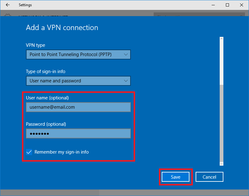Add a VPN connection PPTP